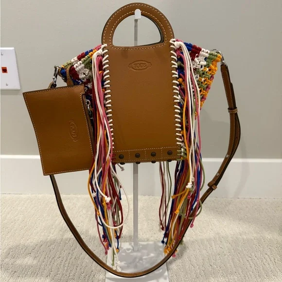 Tod’s Gommini shopping bag mini in leather and macrame multi color boho fringe